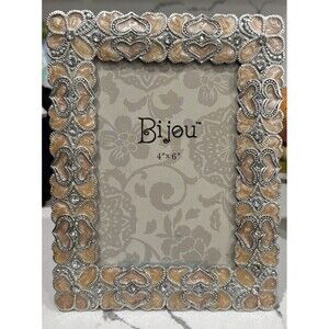 Bijou Picture Frame 4" X6”. Enemal And Crystals Heart Shapes